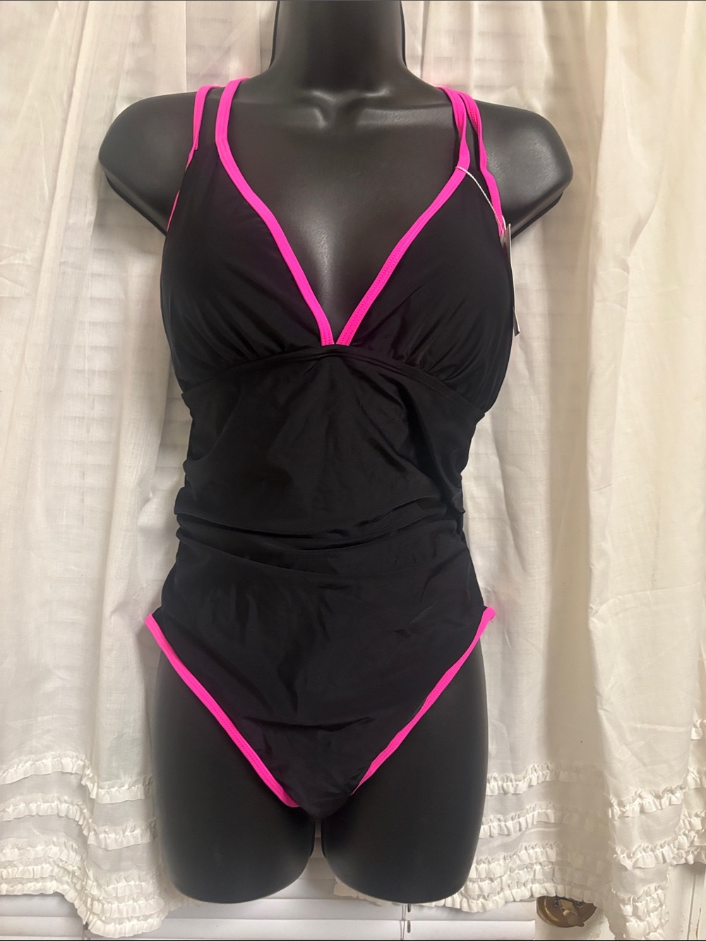 B2 prity Black One-Piece Swimsuit with Hot Pink Trim